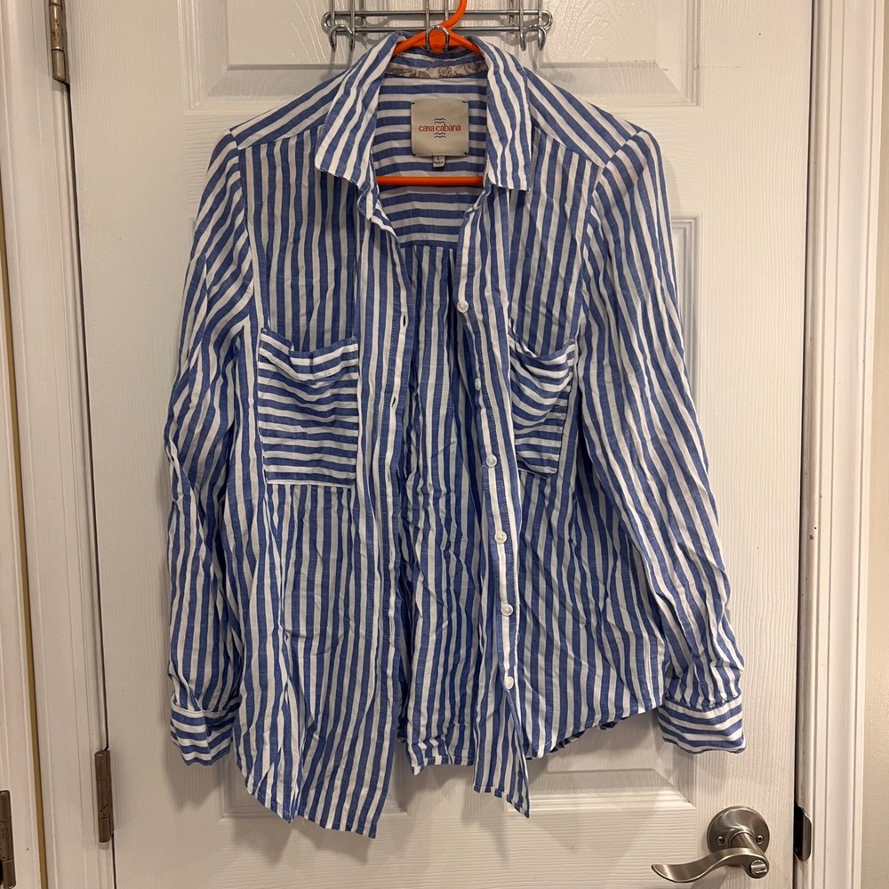 Casa Cabana Womens Blue White Striped Rayon Button Down Shirt Size L Pockets